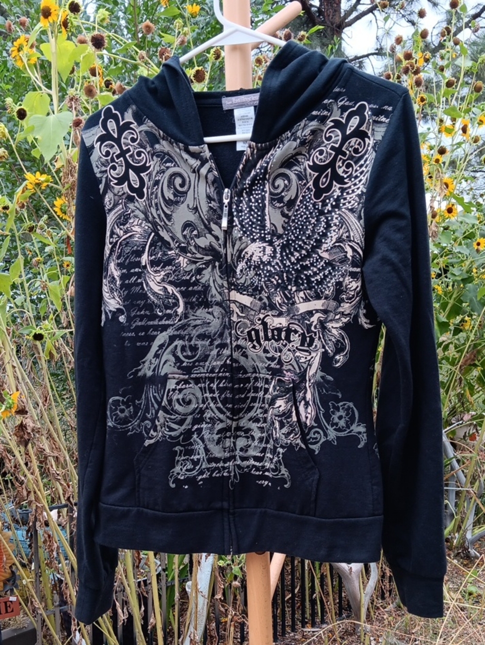 Misa Los Angeles Black Zip-Up Hoodie with Cream Graphic